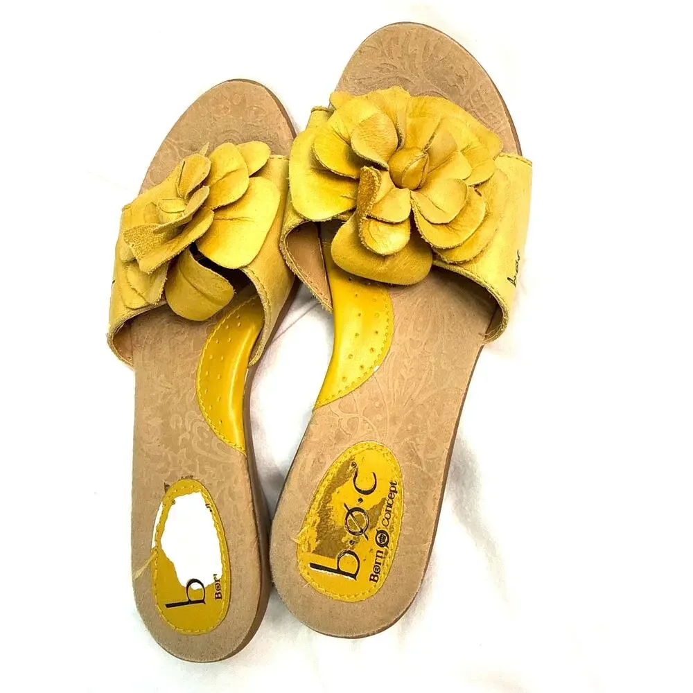 Born Zinnia Yellow Leather Flower Slide Sandals Women 8 Floral Boho Comfort BOC